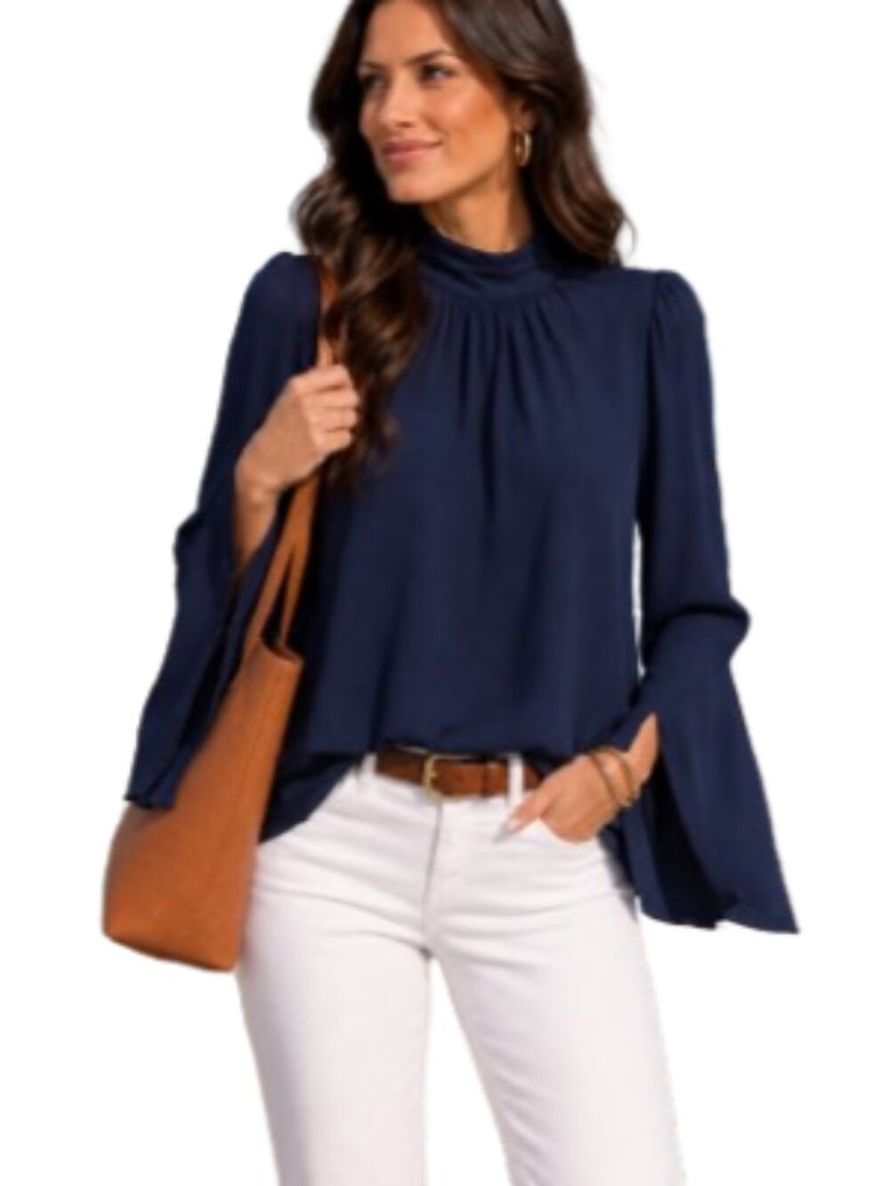 Mock neck chiffon blouse in navy blue with long bell sleeves